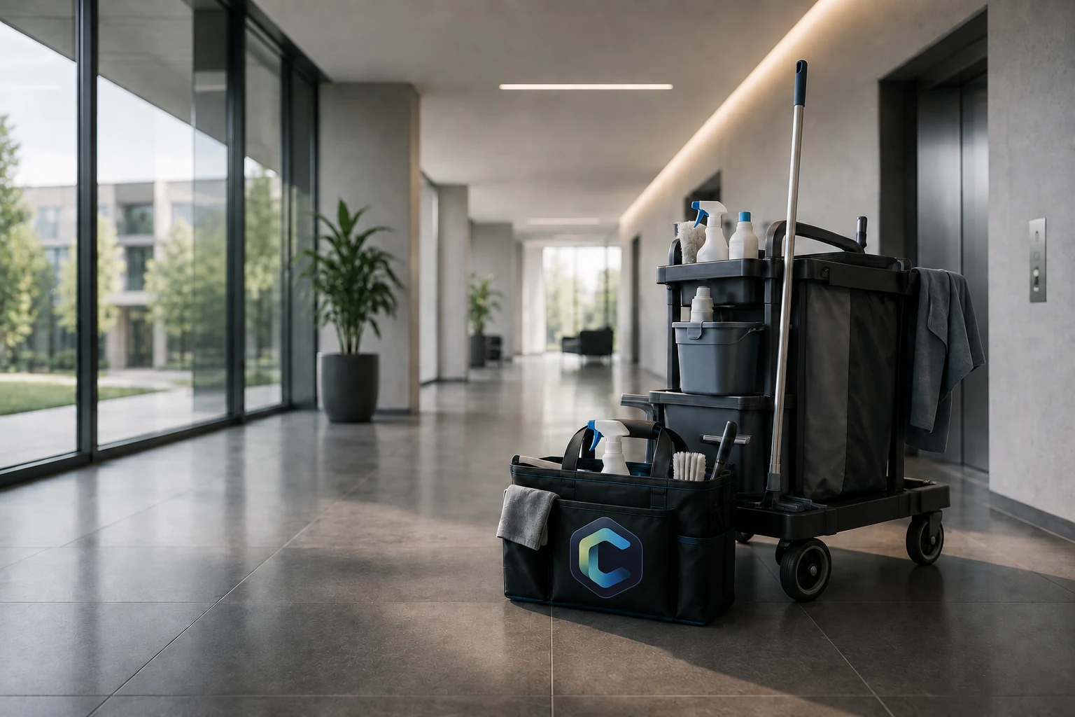 Reinigungswagen mit Werkzeugtasche von CL Hausservice in einem Gewerbeobjekt