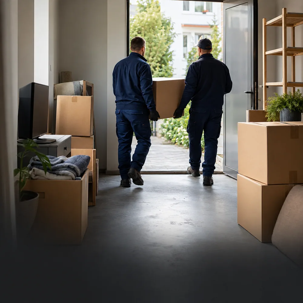 Zwei Helfer tragen einen Karton aus einer zu räumenden Wohnung